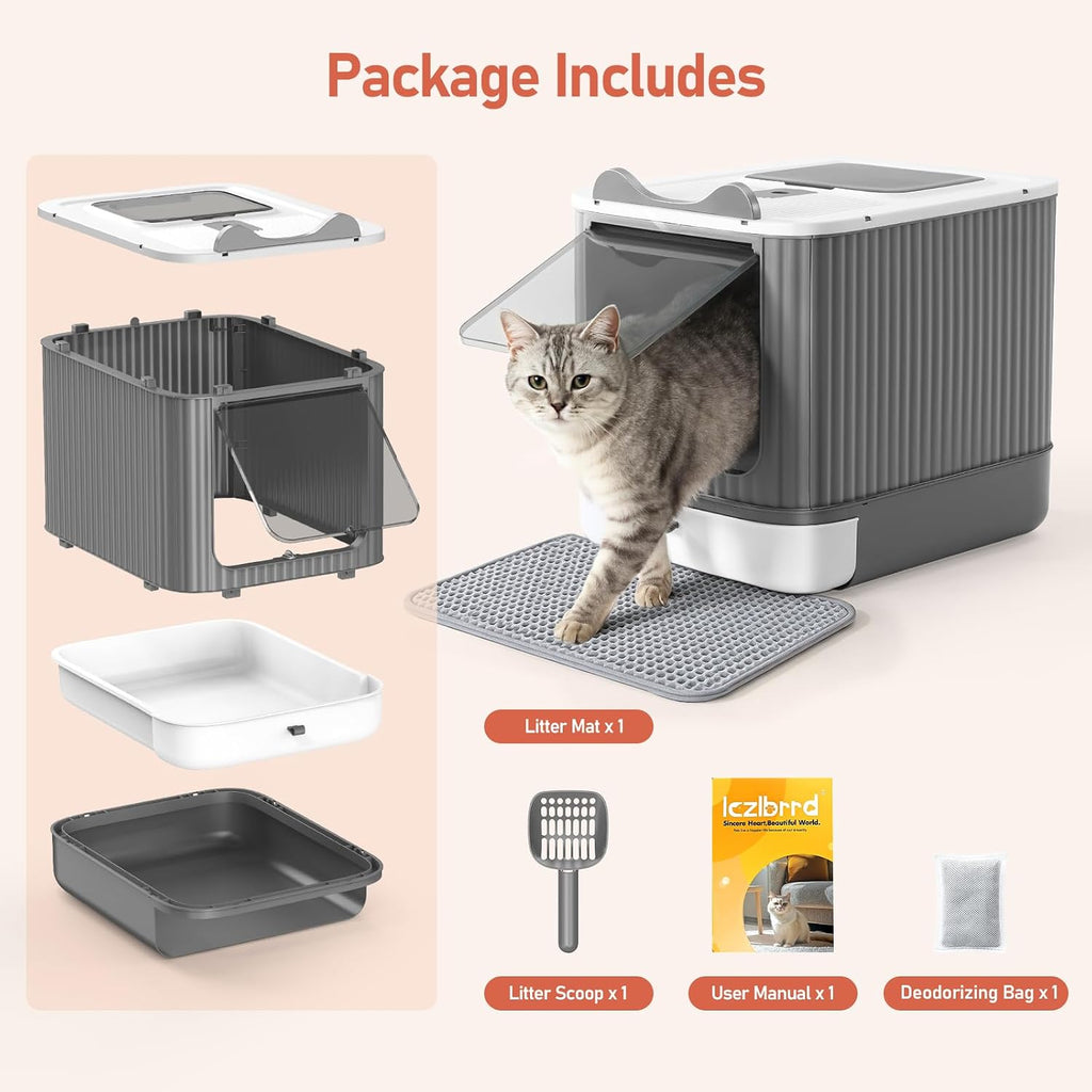 LCZLBRRD Covered Cat Litter Box with Lid for Kitten to Medium, Grey-White