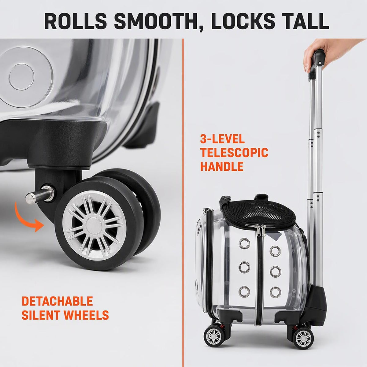 Cat Carrier with Wheels for Small Cats & Dogs, Rolling Pet Carrier, Black