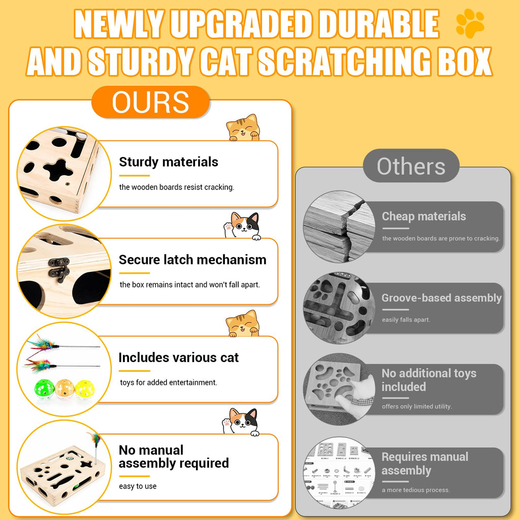 Large Cat Nail File Box, Sturdy Wood Cat Scratch Puzzle Enrichment Box Toy