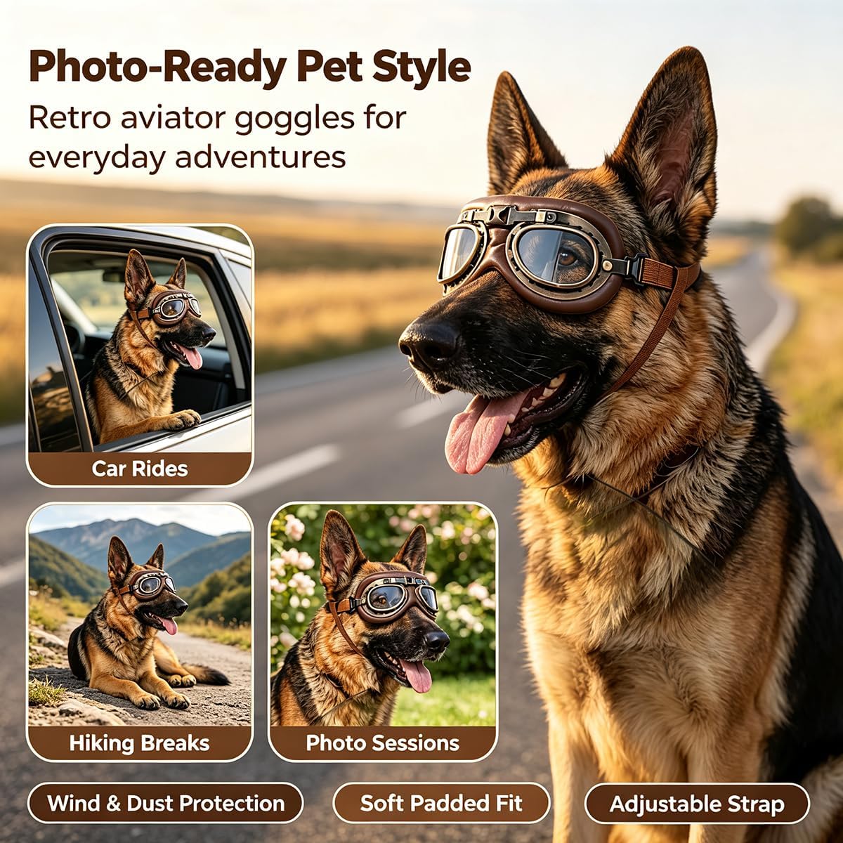 Vintage Dog Goggles with Adjustable Strap, Retro Pet Aviator Sunglasses
