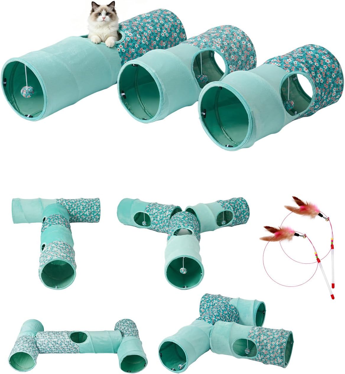 Cat Tunnel, 3 Straight Shaped Tunnels 6 DIY Shapes with Wand Toys, No Noise Scratch Resistant Cool Linen Fabric, Interac