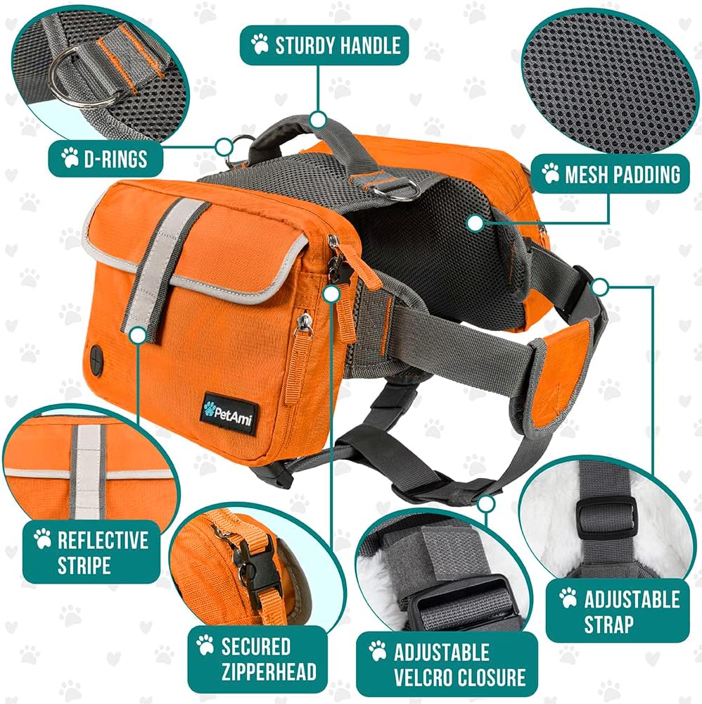 PetAmi Dog Backpack for Medium Large Dogs, Saddle Bag (Orange, Large)