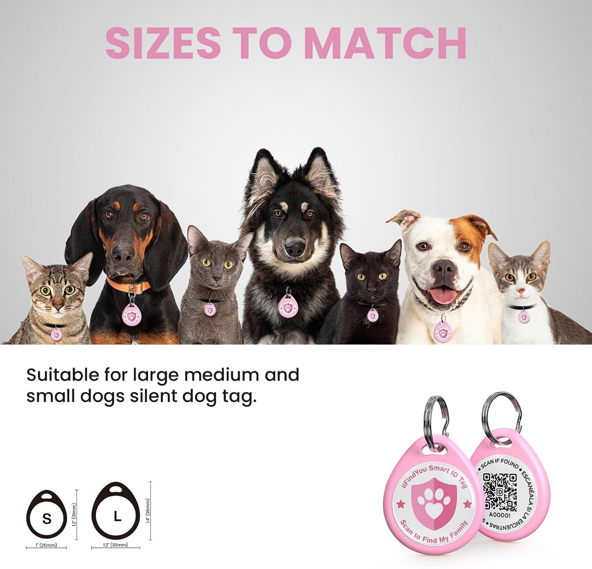 QR Code Cat Tags Personalized Small, Real-time Alerts, Pink