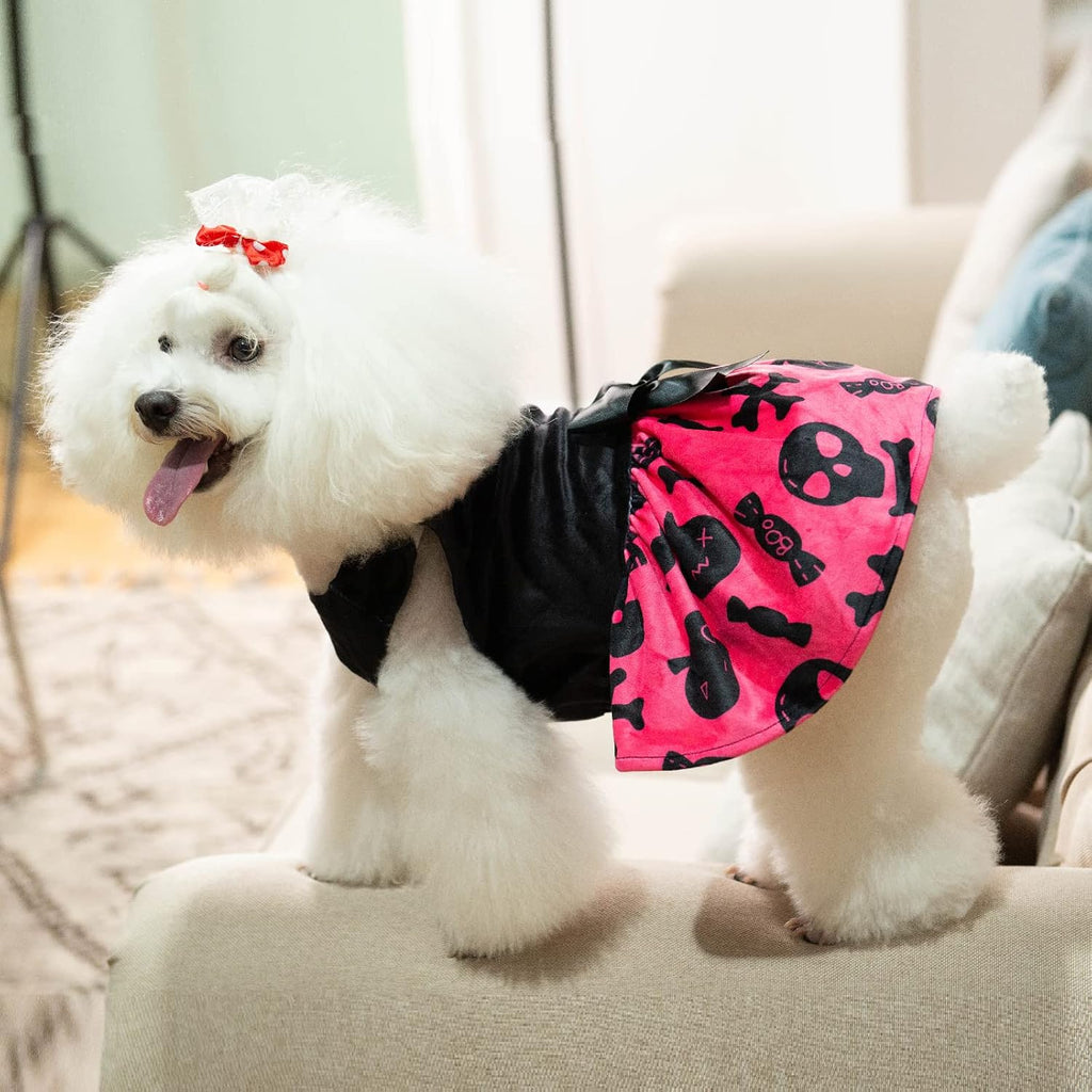 CuteBone Halloween Dog Dress Skulls Velvet for Small Dogs Girl Puppy Dresses Pink Dog Clothes