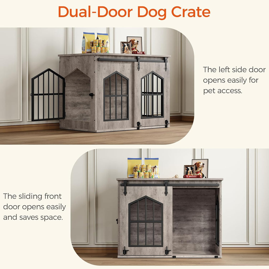 MAHANCRIS Dog Crate Furniture, 31.5" Farmhouse Dog Kennel with Sliding Barn Door, Wooden Dog Cage for Small Medium Dogs,