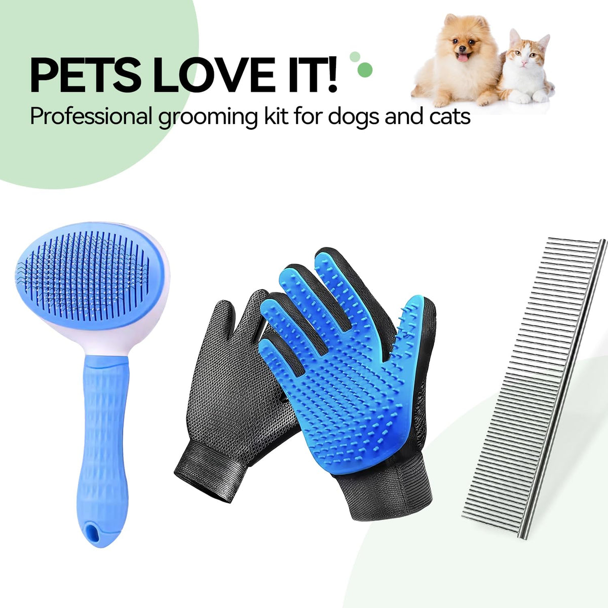 Dog & Cat Brush,Pet Grooming Kit 4PCS- Dog Brush for Shedding| A Pair Pet Hair Removal Gloves| Metal Comb for dog.Remove