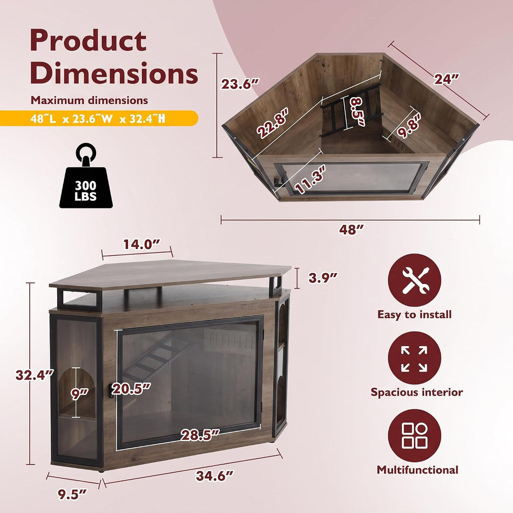 48" Corner Cat Cage Furniture w/2-Tier Shelves, Large Cat House