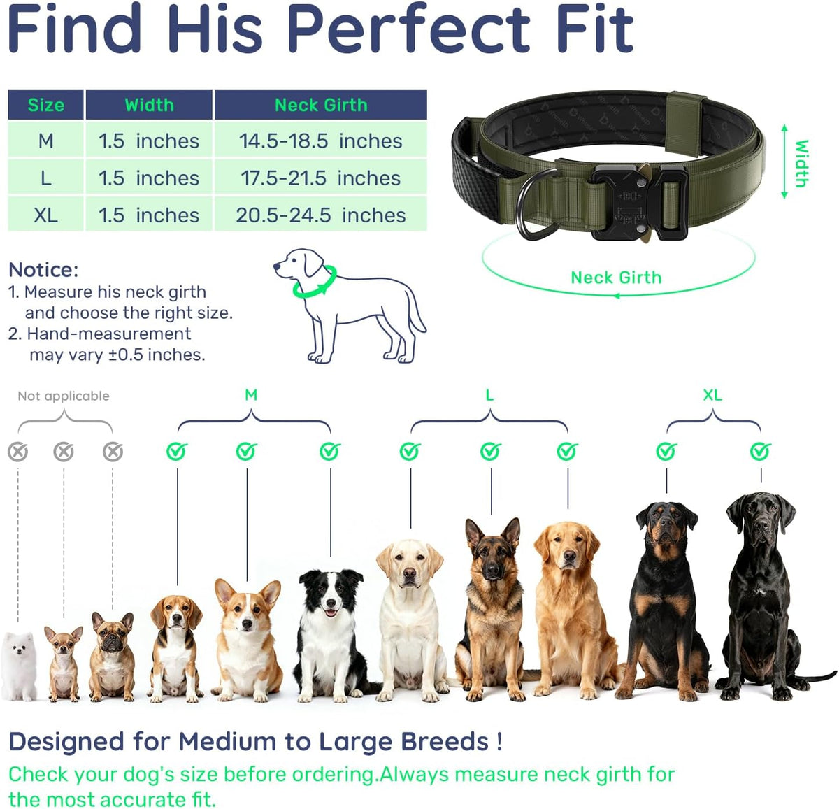 Tactical Dog Collar for Large Dogs with Leather Handle (Army Green, L)