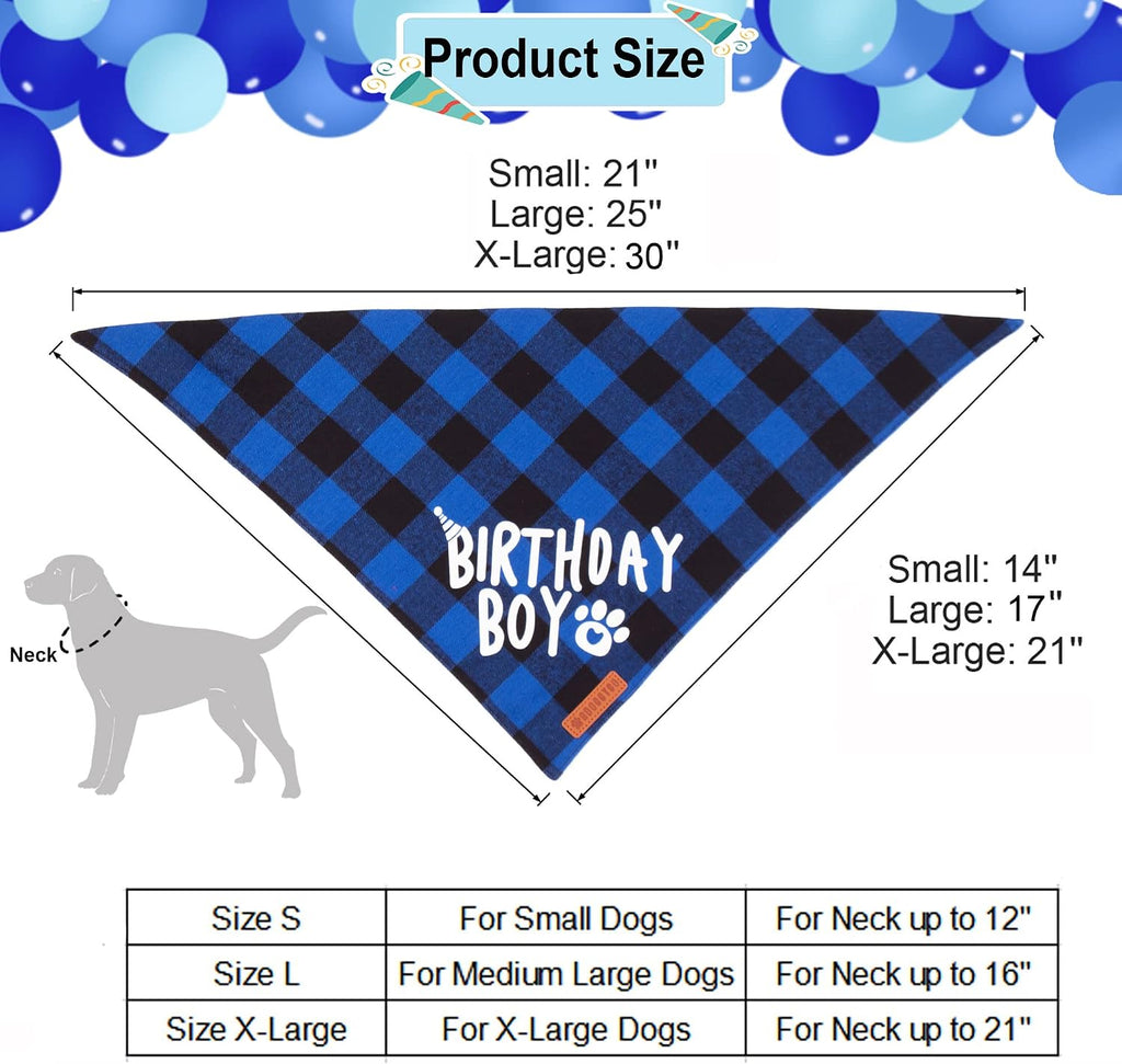 Dog Birthday Hat Bandana Set, Blue Plaid Boy Dog Bandana, X-Large