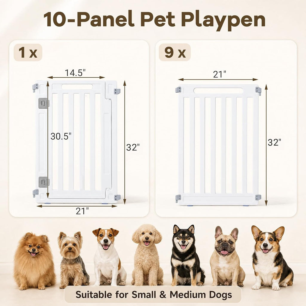 GIANTEX 10 Panel Dog Playpen, 32'' Plastic Pet Fence, Lockable Door, White