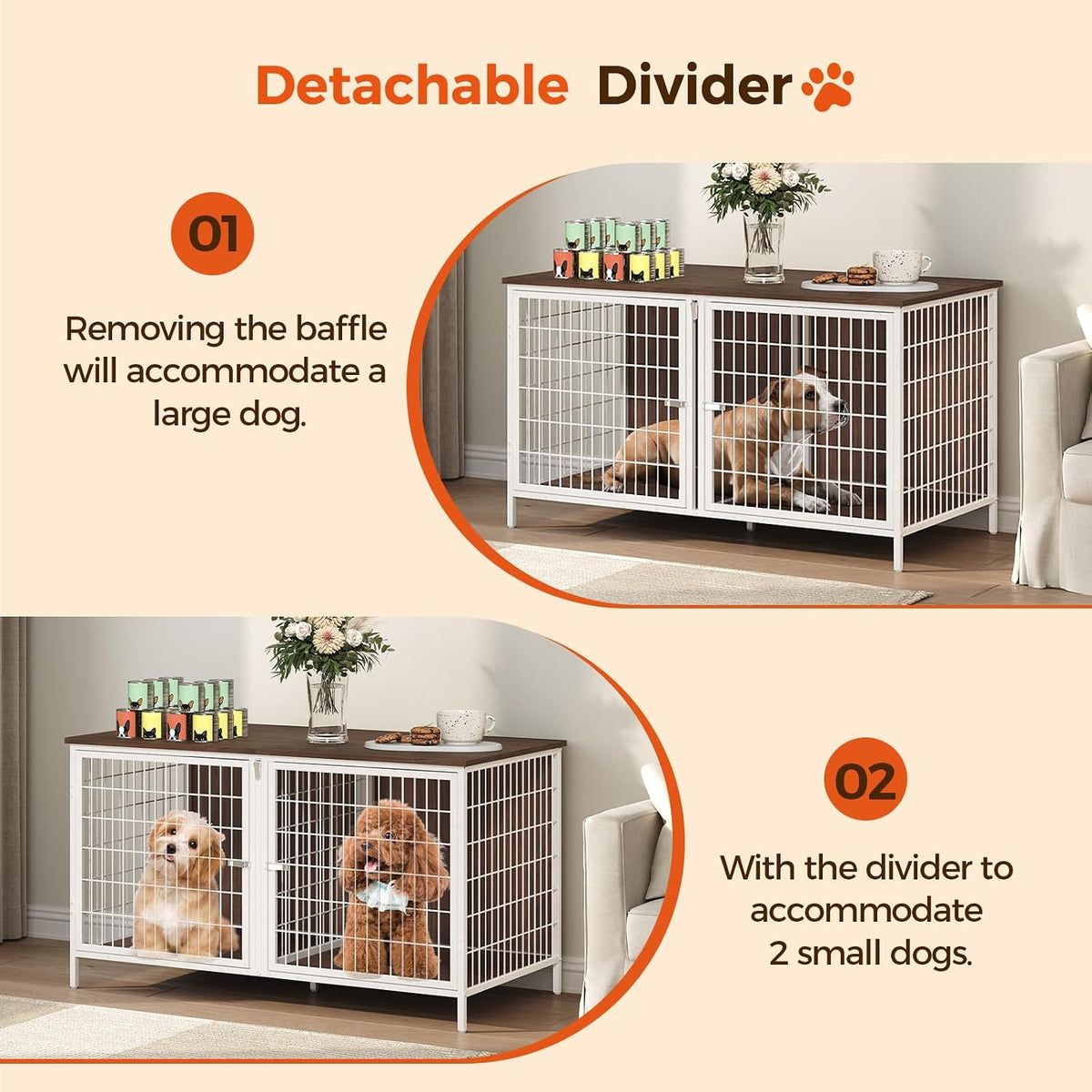 MAHANCRIS Dog Crate Furniture for 2 Dogs, 43.3" Dog Kennel with Removable Divider, Heavy Sturdy Dog Furniture Style Doub