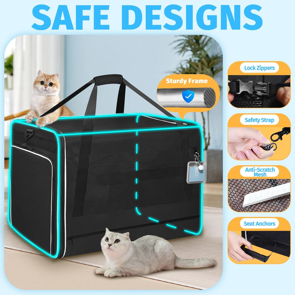 Side Expandable Extra Large Soft Cat Carrier with Litter Box, Black