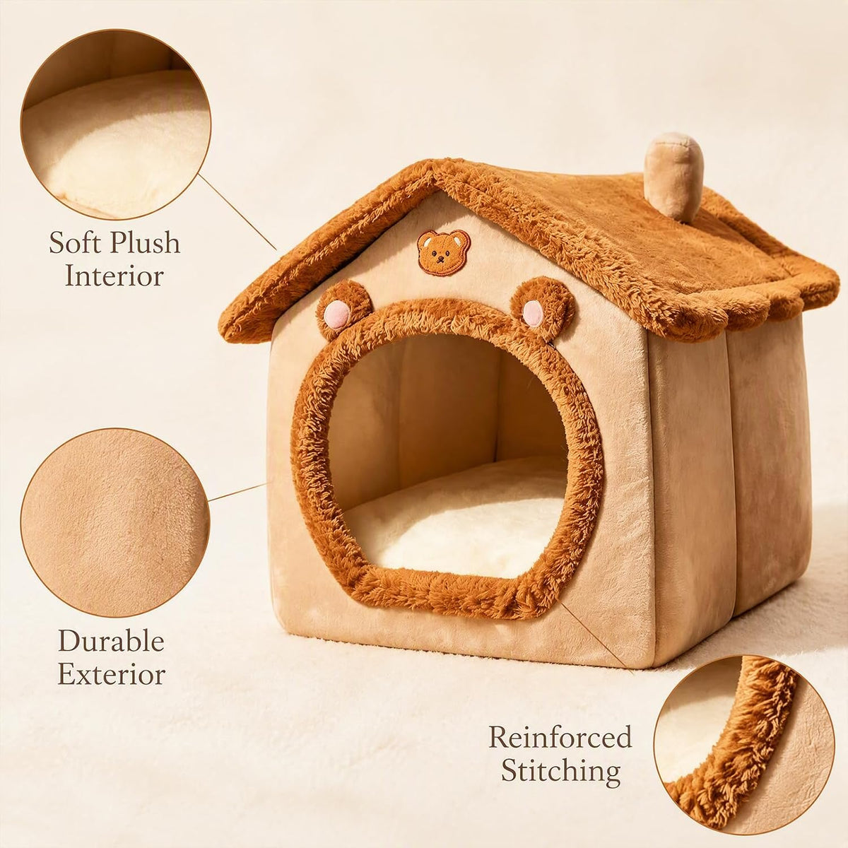 Cute Bear‑Shape Enclosed Pet Cave Bed, Soft Plush Tent House with Cushion