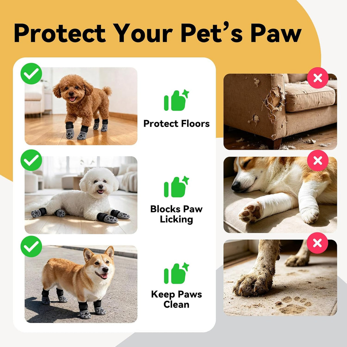 Non-Slip Dog Socks Prevents Paw Licking Grippy Dog Socks Paw Protector for Hot & Cold Pavement for Small Medium Large Do