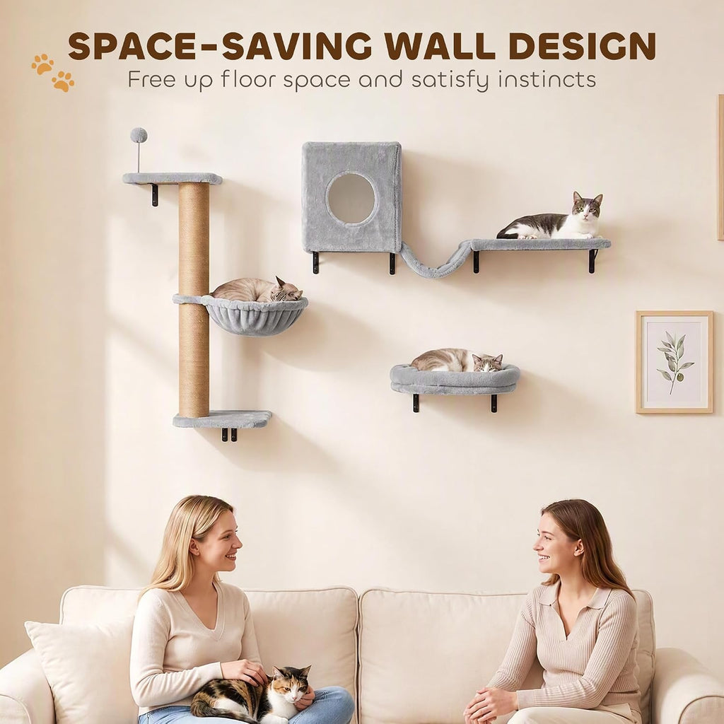 PawHut 3-in-1 Cat Wall Shelves, Wooden Cat Climbing Furniture, Gray