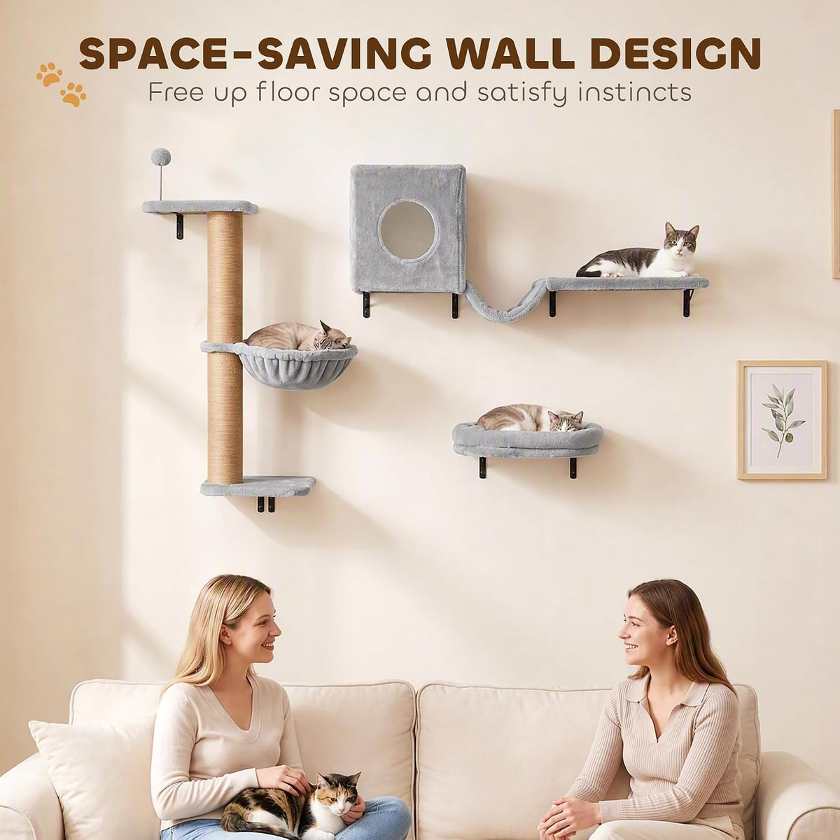 PawHut 3-in-1 Cat Wall Shelves, Wooden Cat Climbing Furniture, Gray