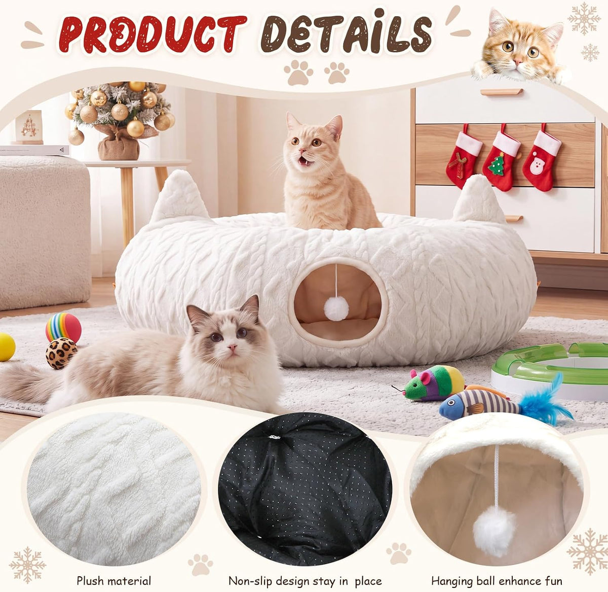 Christmas Cat Tunnel Tree Skirt, White, 43.3 x 12 in, Cat Ear
