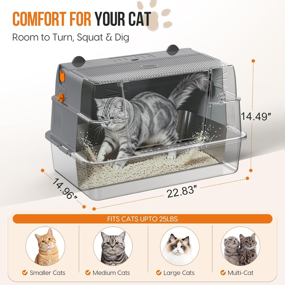 Stainless Steel Litter Box with Lid,135° Flip-Top Lid Litter Box