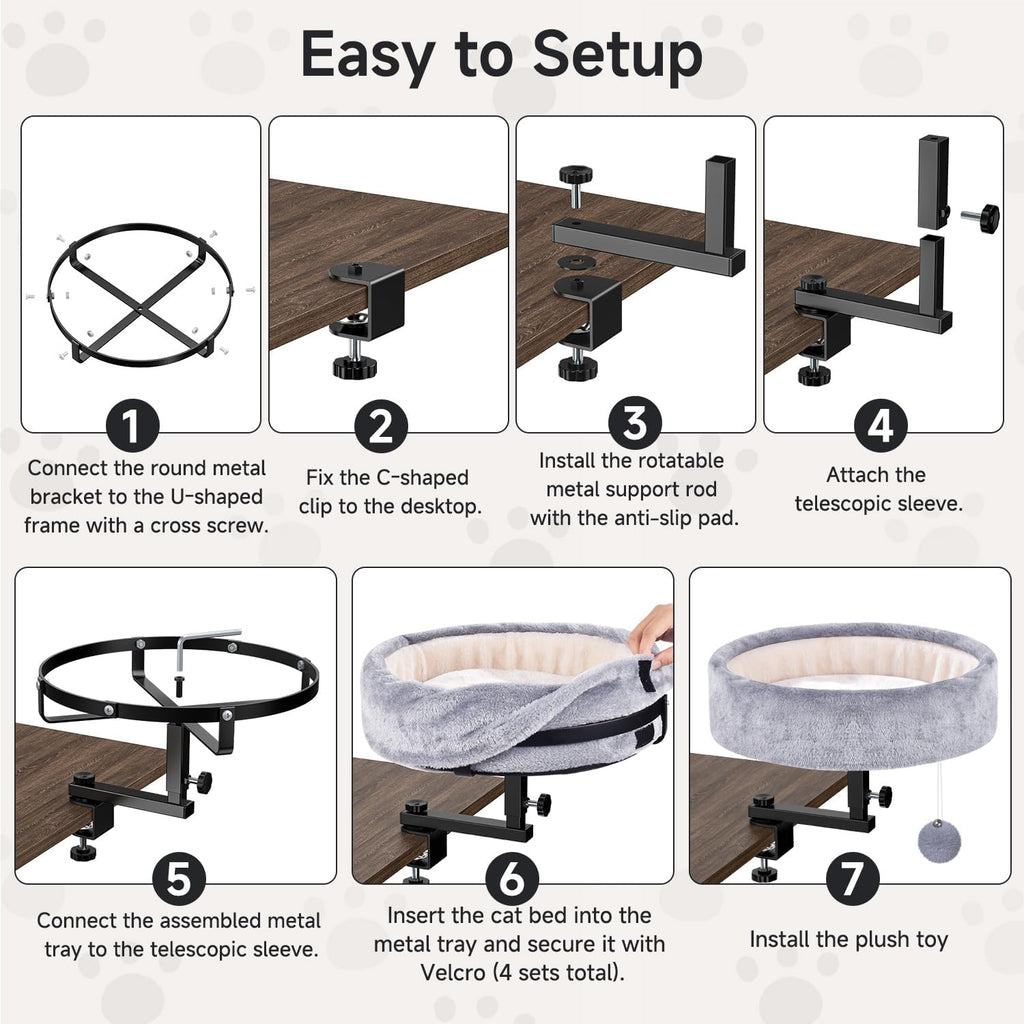 Cat Desk Bed, 360° Rotating & Height Adjustable Cat Bed, 50 lbs