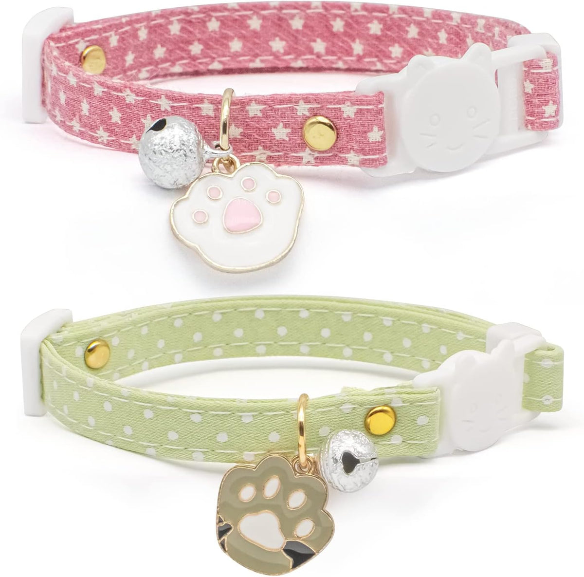 2 Pack Cotton Breakaway Cat Collar with Bell Yellow&Green Flowers Pendant Cute Kitten Cat Collar Suitable for Girls and 