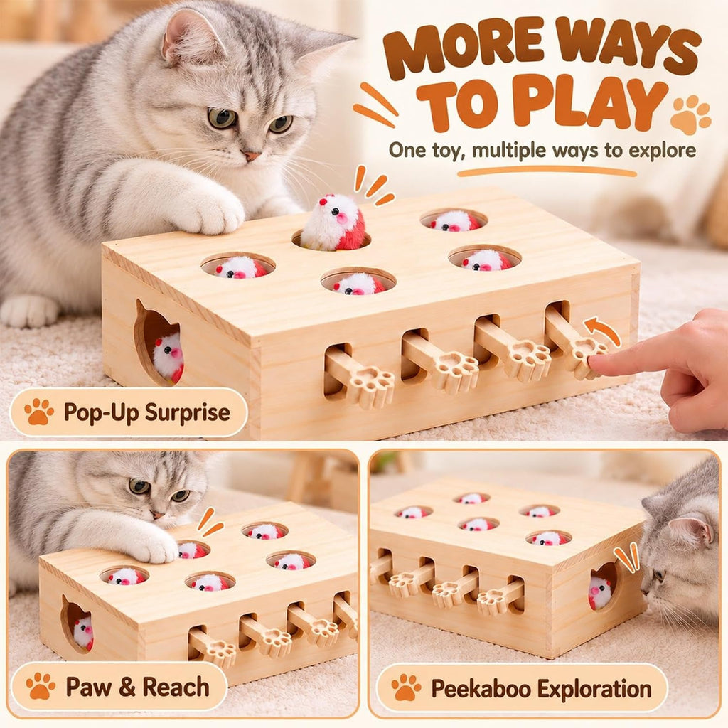 Wooden Whack a Mole Cat Toy Interactive Pop Up Mouse Hunting Game