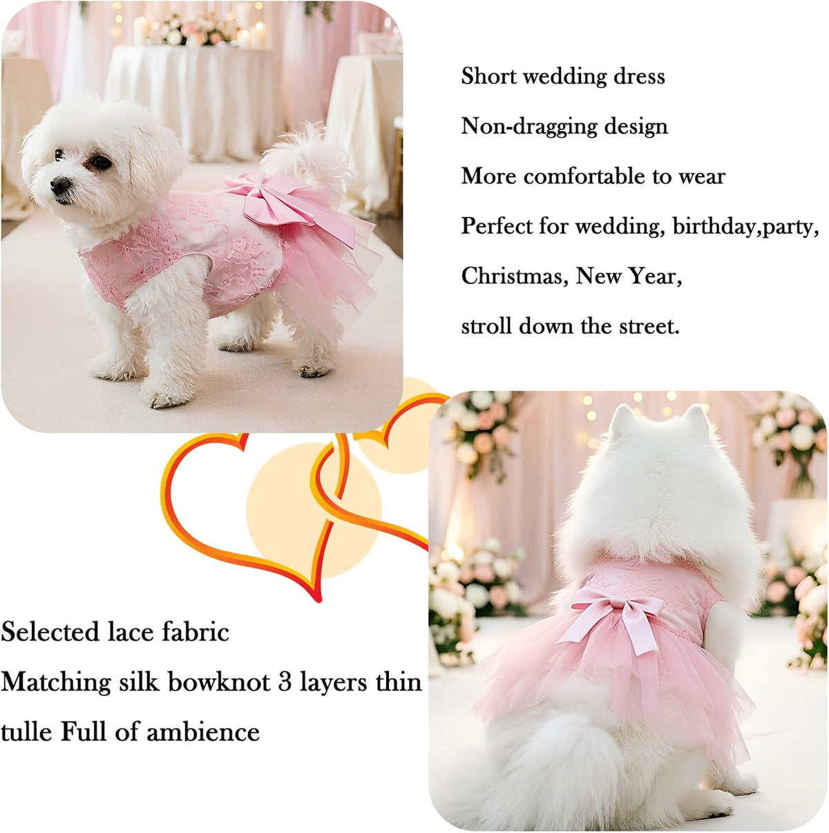 Dog Dress Wedding Outfits, Princess Lace Tutu Strappy Skirt for Female Puppy Small Medium Dogs Girl Cats Costume (Lace P