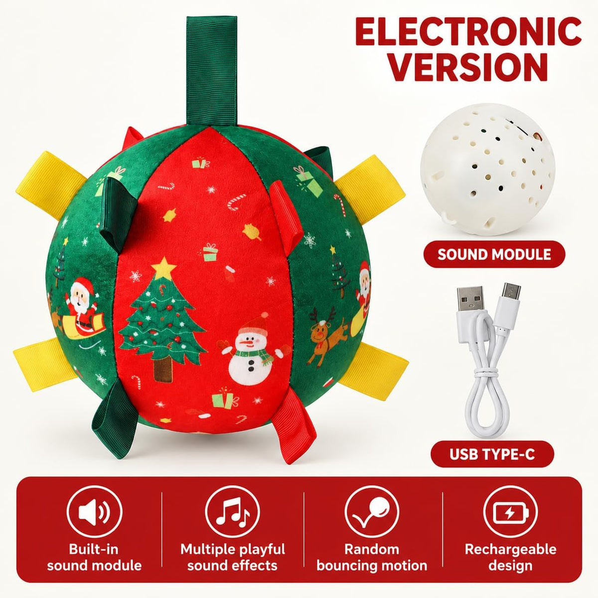 Interactive Dog Ball Rope Toy,Christmas Soccer Ball Toy with Straps for Small and Medium Dogs，Bell Version