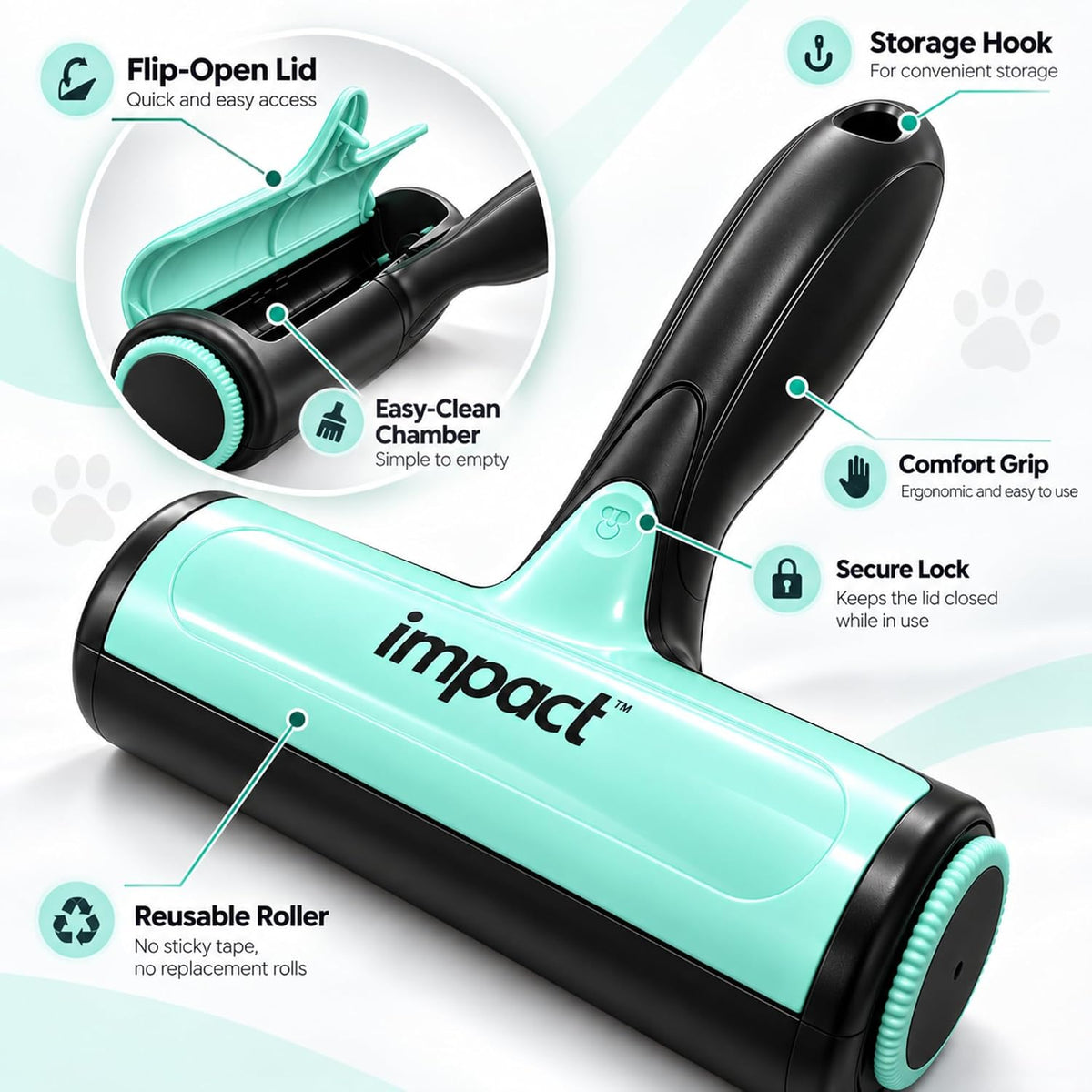 IMPACT Pet Hair Remover Roller, Reusable Lint Roller for Dog & Cat Fur, Car