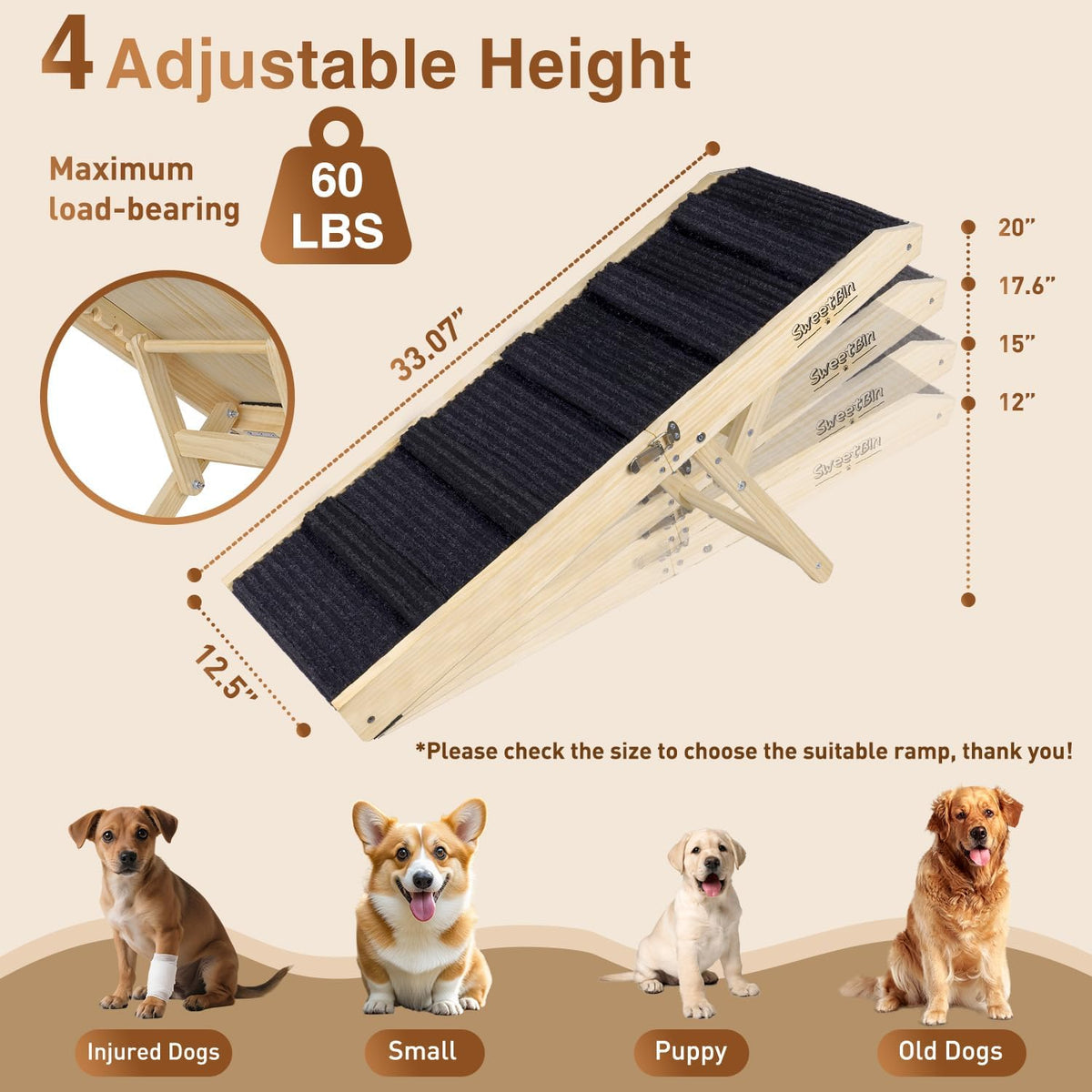 2026 Upgraded Dog Ramp for Couch - Foldable Small Dog Ramp for Bed - 4 Adjustable Height from 12" to 20" - Portable Pet 