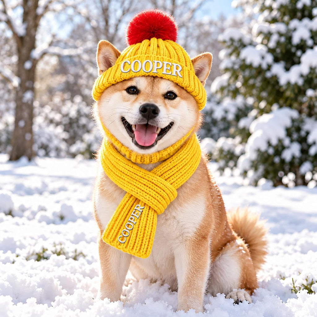 Personalized Dog Beanie with Scarf Set Custom Pet Winter Hat with Ear Holes