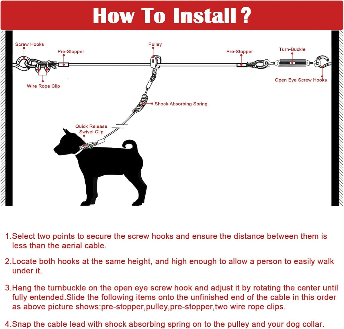 Dog Runner for Yard, Outdoor Dog Run, 100FT+15FT, Red