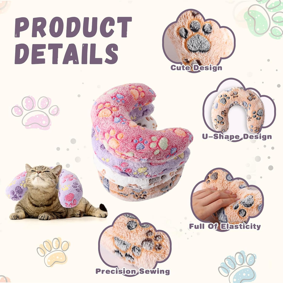 4 Pcs Cat Pillow Calming Pet Dog Neck Pillow, Paw, Medium
