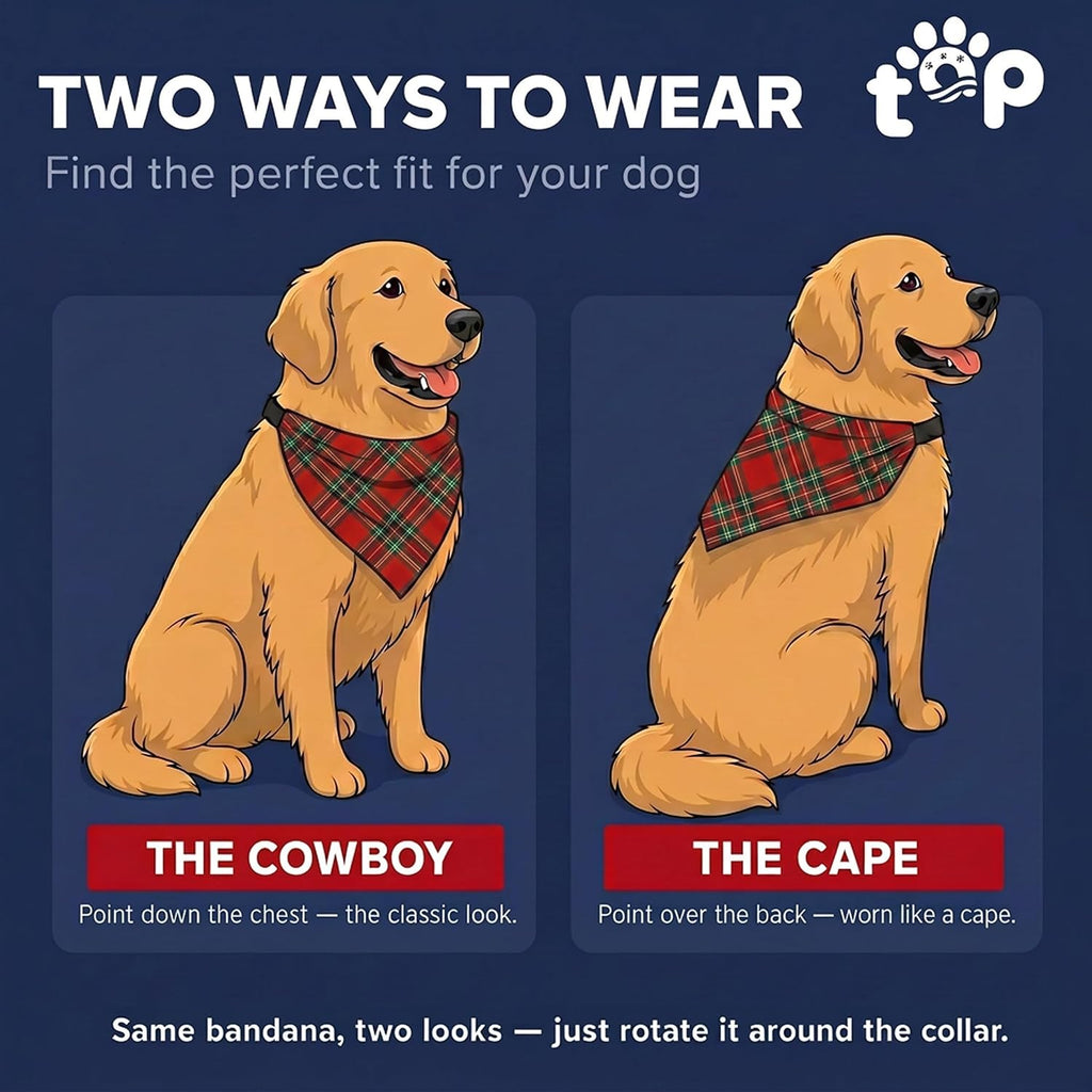 Christmas Tartan Plaid Dog Bandana 2-in-1 Adjustable Nylon Strap - Medium