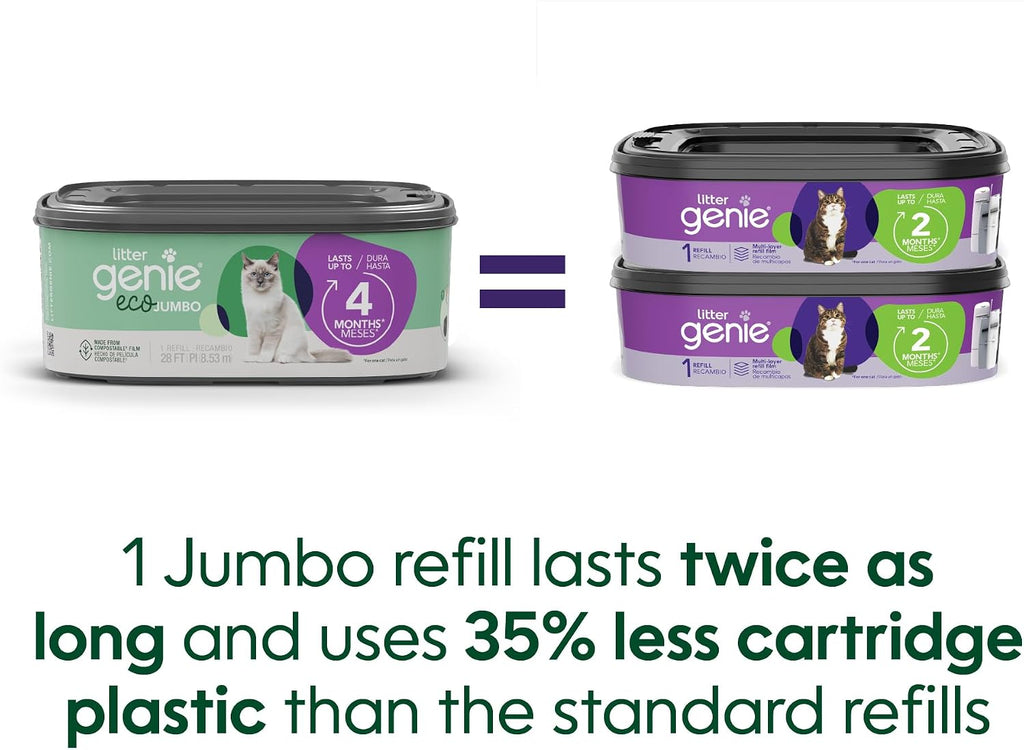 Litter Genie Eco Refills | Compostable Cat Litter Bags Jumbo 2-pack | Up to 4 Months of Supply in 1 Cartridge