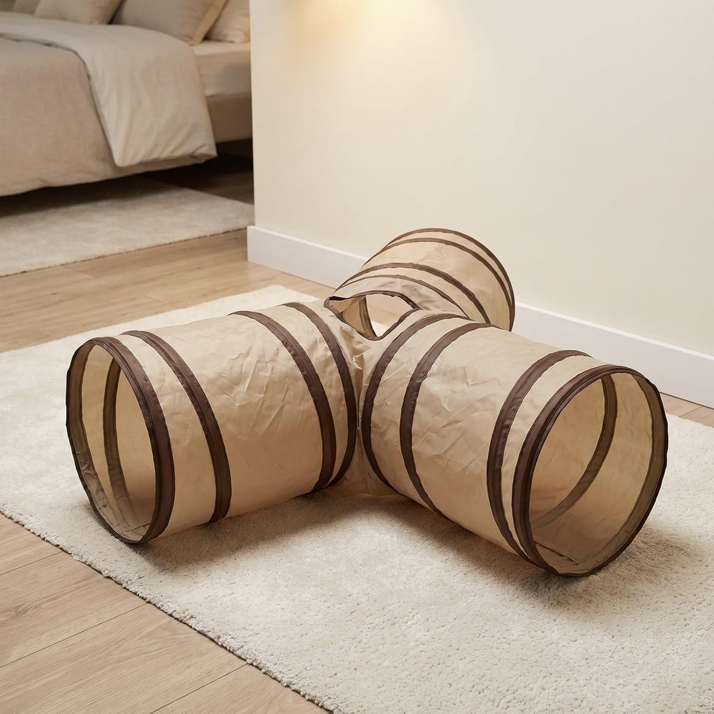 Collapsible Cat Play Tunnel Toy 3 Way 4 Hole Beige Polyester