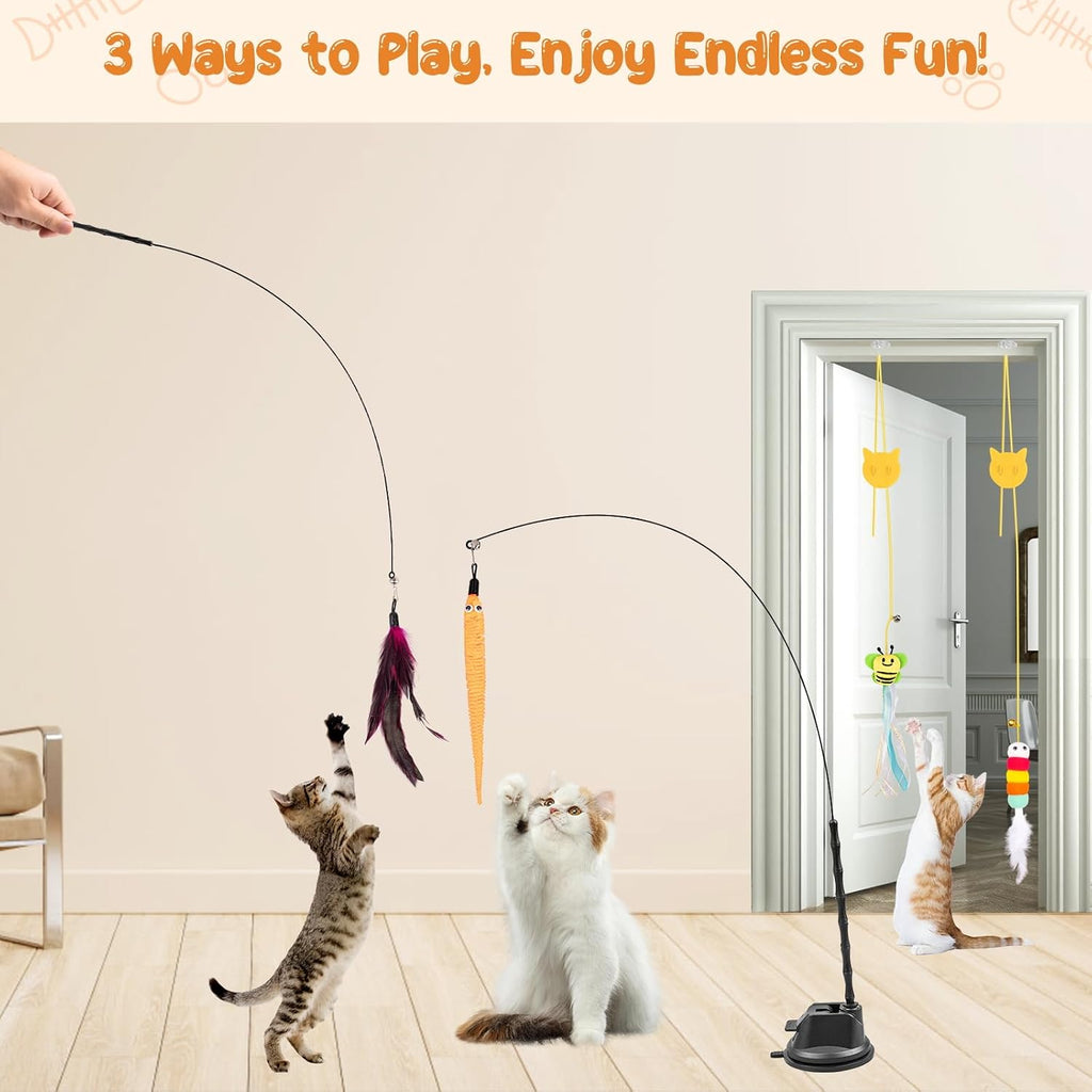 Cat Wand Toy, 15 Pcs Interactive Cat Feather Toys for Indoor Self Play & Exercise, 2 Play Modes Kitten Teaser Wand, Reus