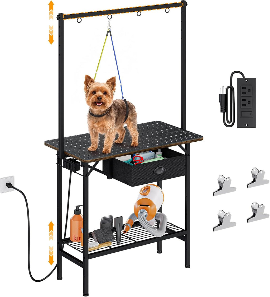 Dog Grooming Table with Drawers and Mesh Tray,32 Inch Adjustable Pet Grooming Table with Non-slip Removable Washable Mat