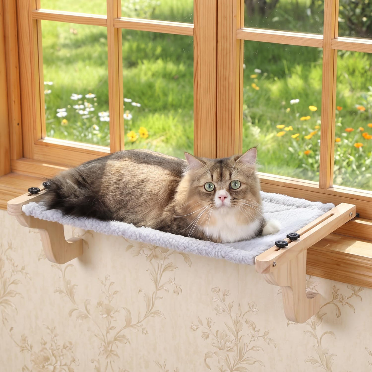 Zakkart Easy Seat Cat Perch for Windowsill (Dark Stained Wood/Gray, M)
