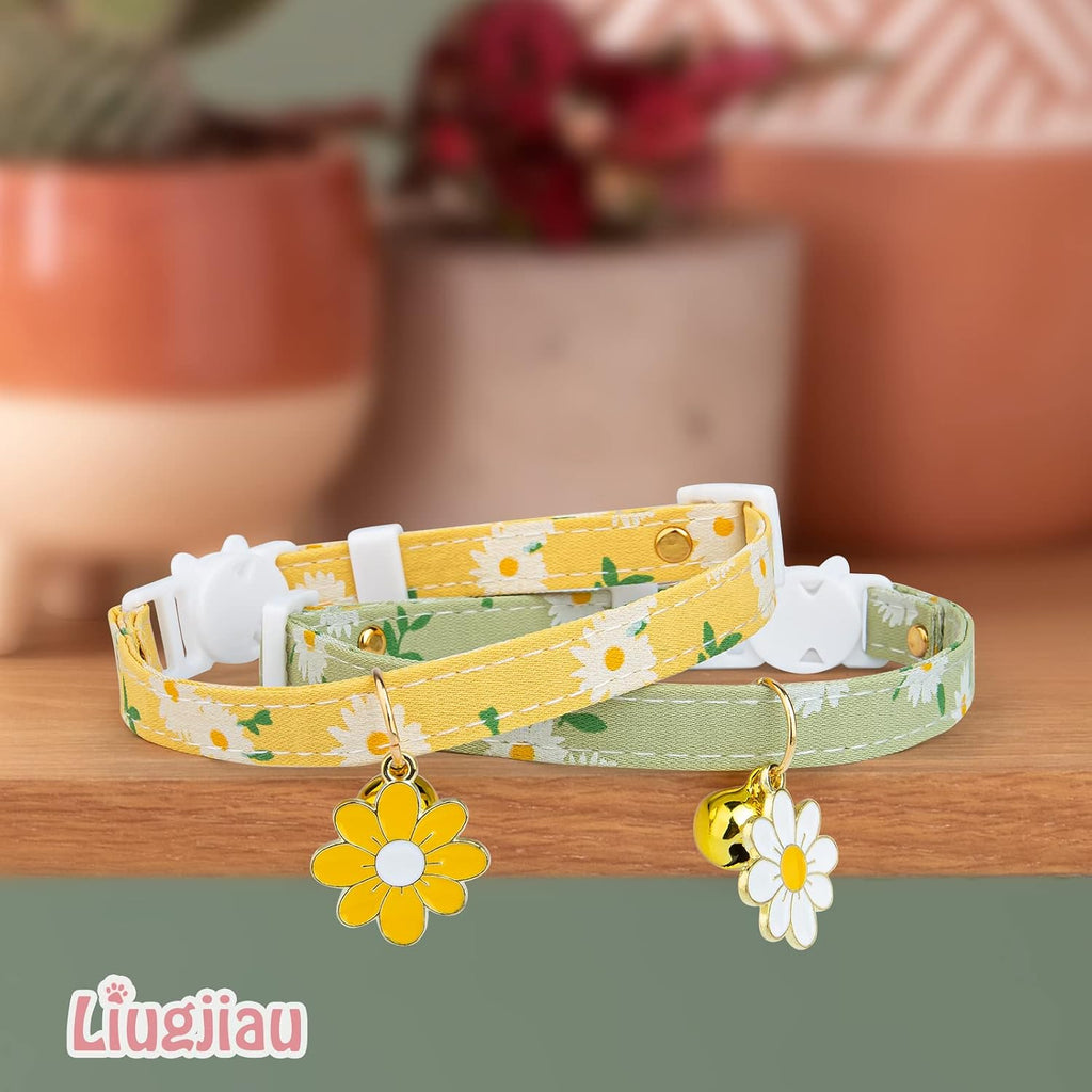 2 Pack Cotton Breakaway Cat Collar with Bell Yellow&Green Flowers Pendant Cute Kitten Cat Collar Suitable for Girls and 