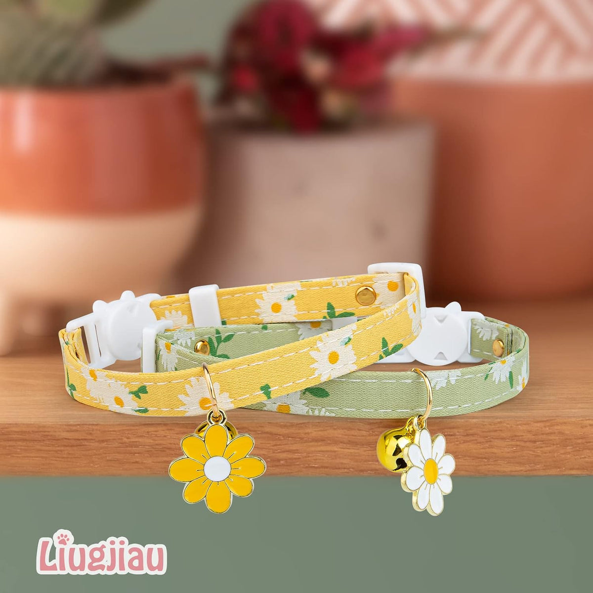 2 Pack Cotton Breakaway Cat Collar with Bell Yellow&Green Flowers Pendant Cute Kitten Cat Collar Suitable for Girls and 