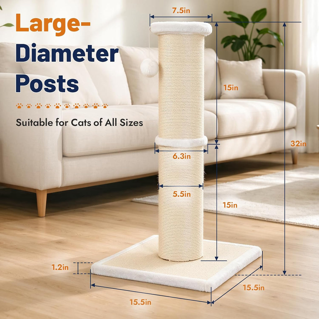 Tall Cat Scratching Post, 32in Thickened Sisal Post for Large Cats