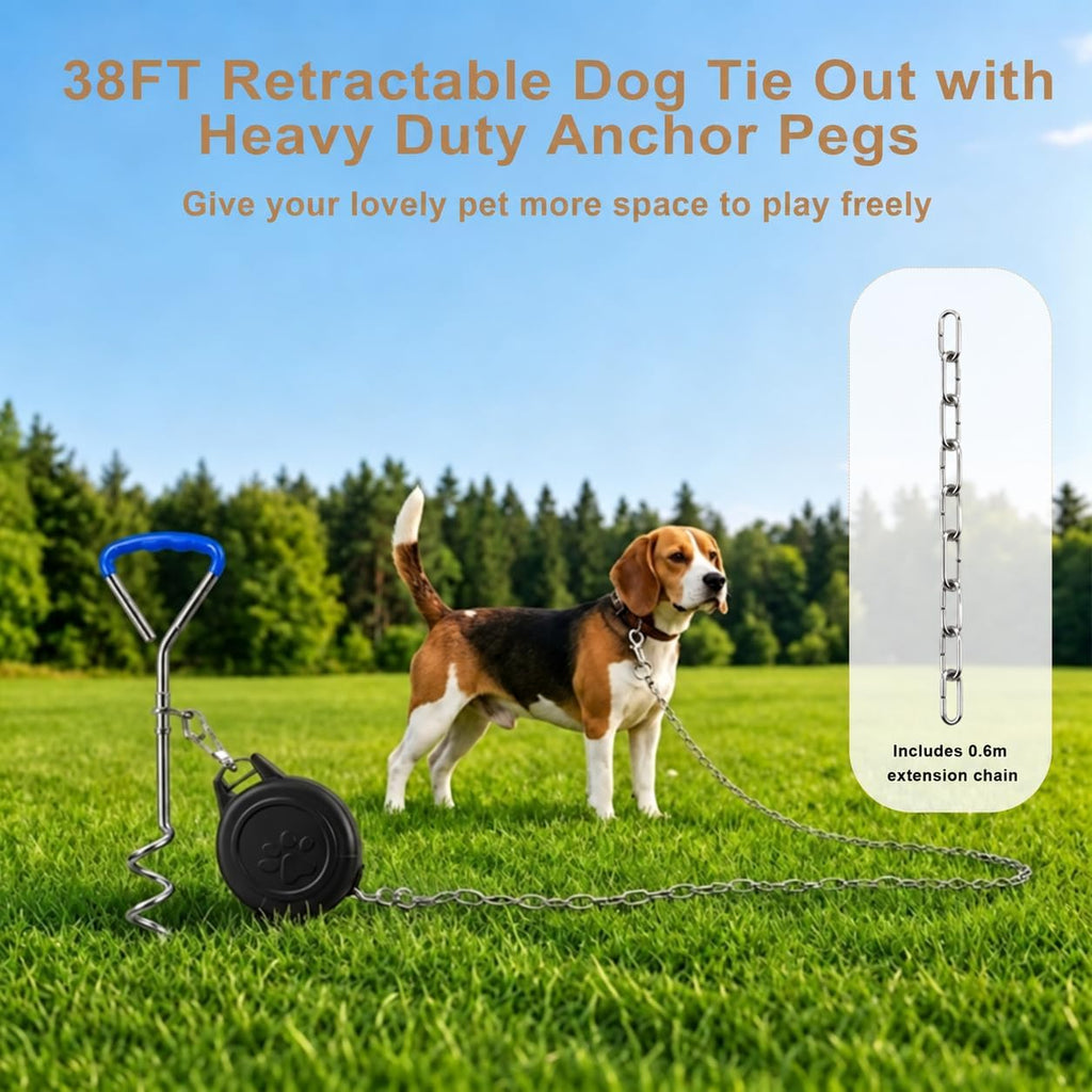 37 FT Retractable Dog Tie Out with Heavy-Duty Ground Anchor, Blue Handle