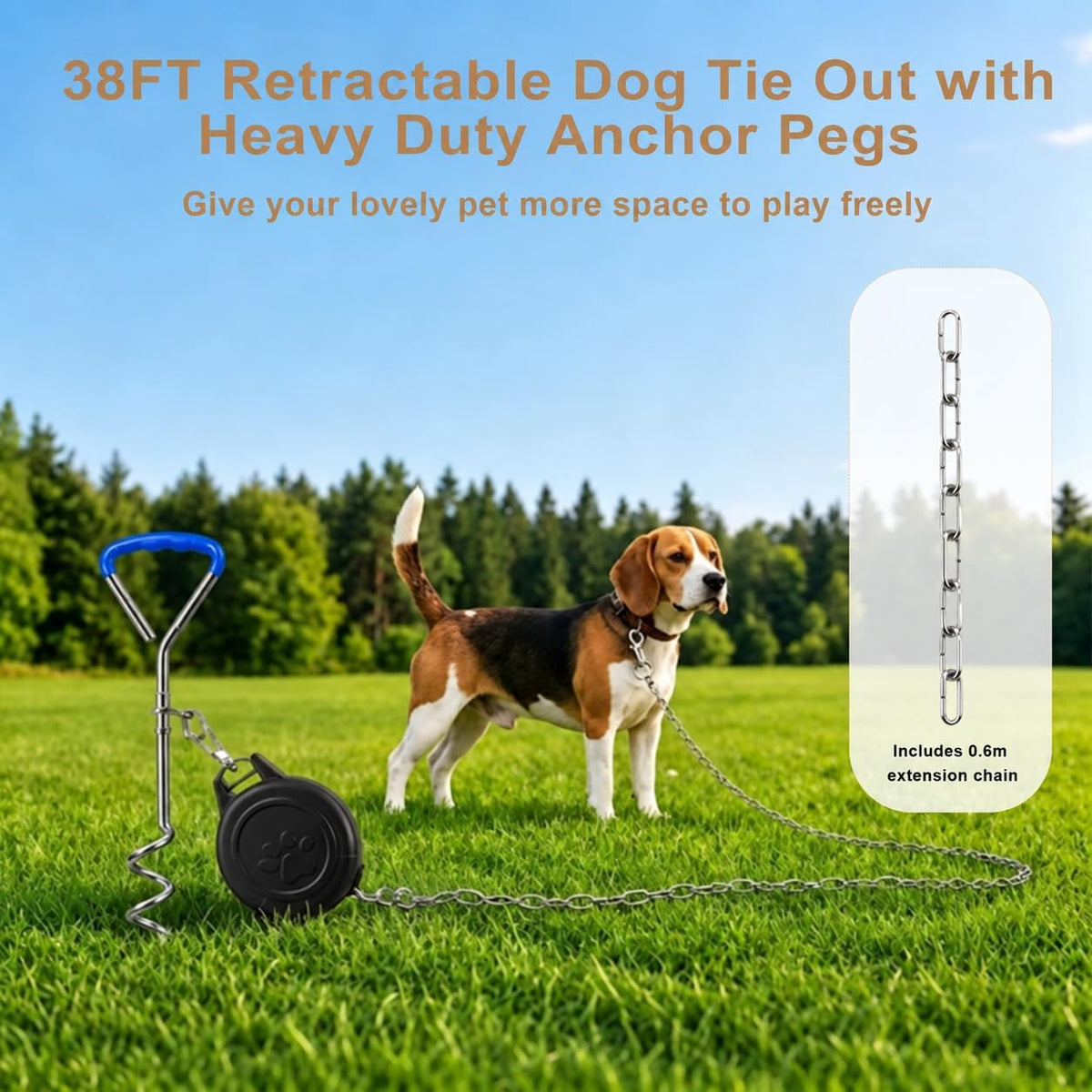 37 FT Retractable Dog Tie Out with Heavy-Duty Ground Anchor, Blue Handle