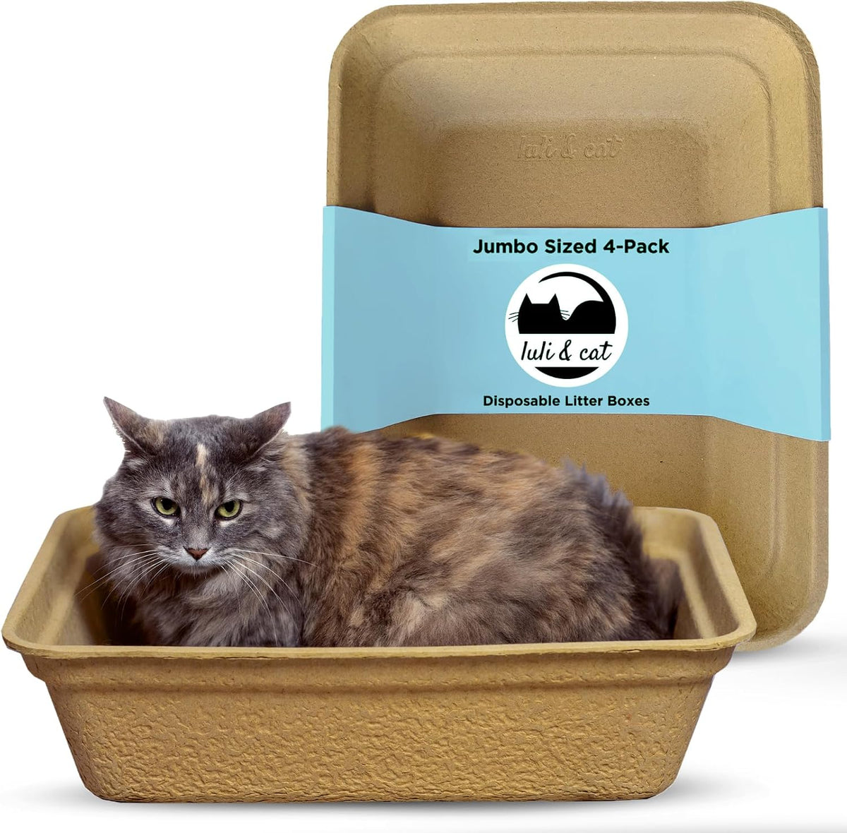 Luli & Cat Disposable Litter Boxes for Cats | Large Sized 4-Pack | Durable and Water Resistant