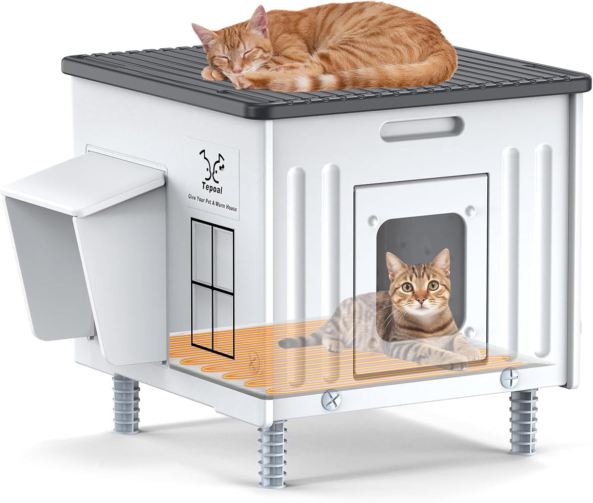 Heated Cat House for Outside, High Insulated Heated Outdoor Cat Shelter 100% Weatherproof with Escape Door, Elevated Out