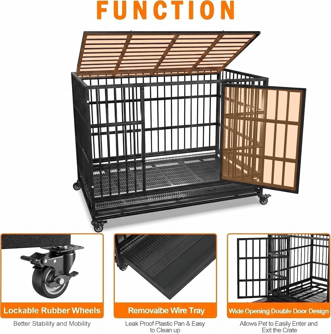 KOKOTANGS 48 Inch Heavy Duty Dog Crate Cage with Wheels, Indestructible and Escape Proof Steel Kennel Indoor for High An