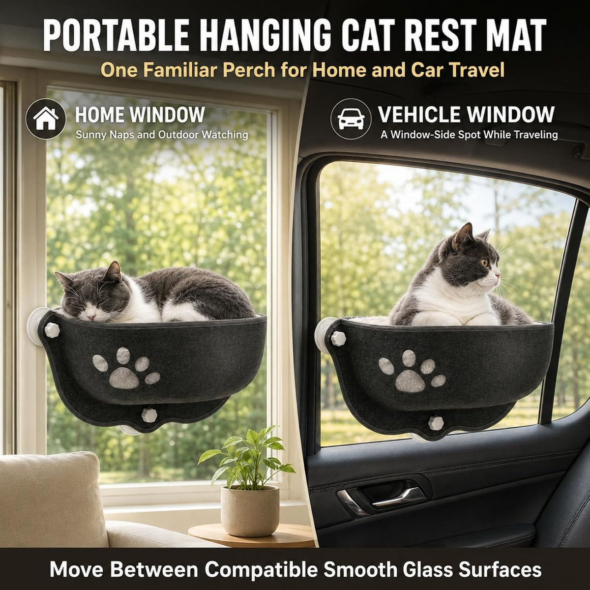 Cat Car Window Hammock with Soft Pad, Cat Car Window Seat，Gray：Small