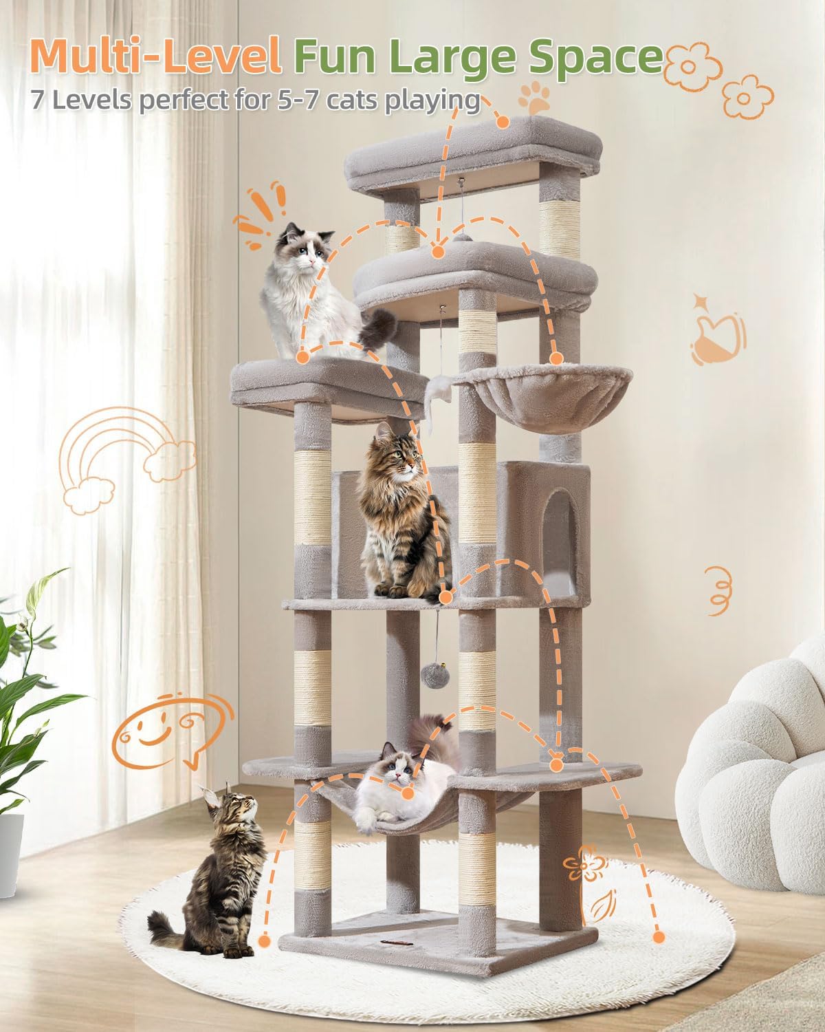 Taoqimiao Heavy-Duty Cat Tree, 71 in Cat Tower for Large Cats 20lbs+