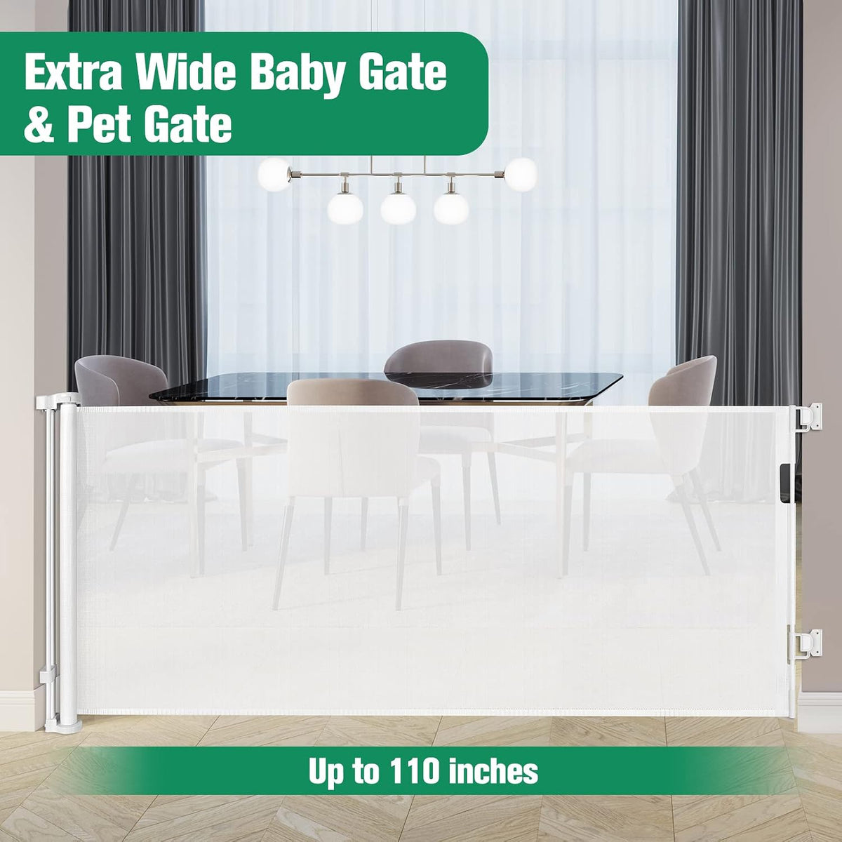 KISKIZ 110 Inch Extra Wide Retractable Baby Gate for Large Openings, White