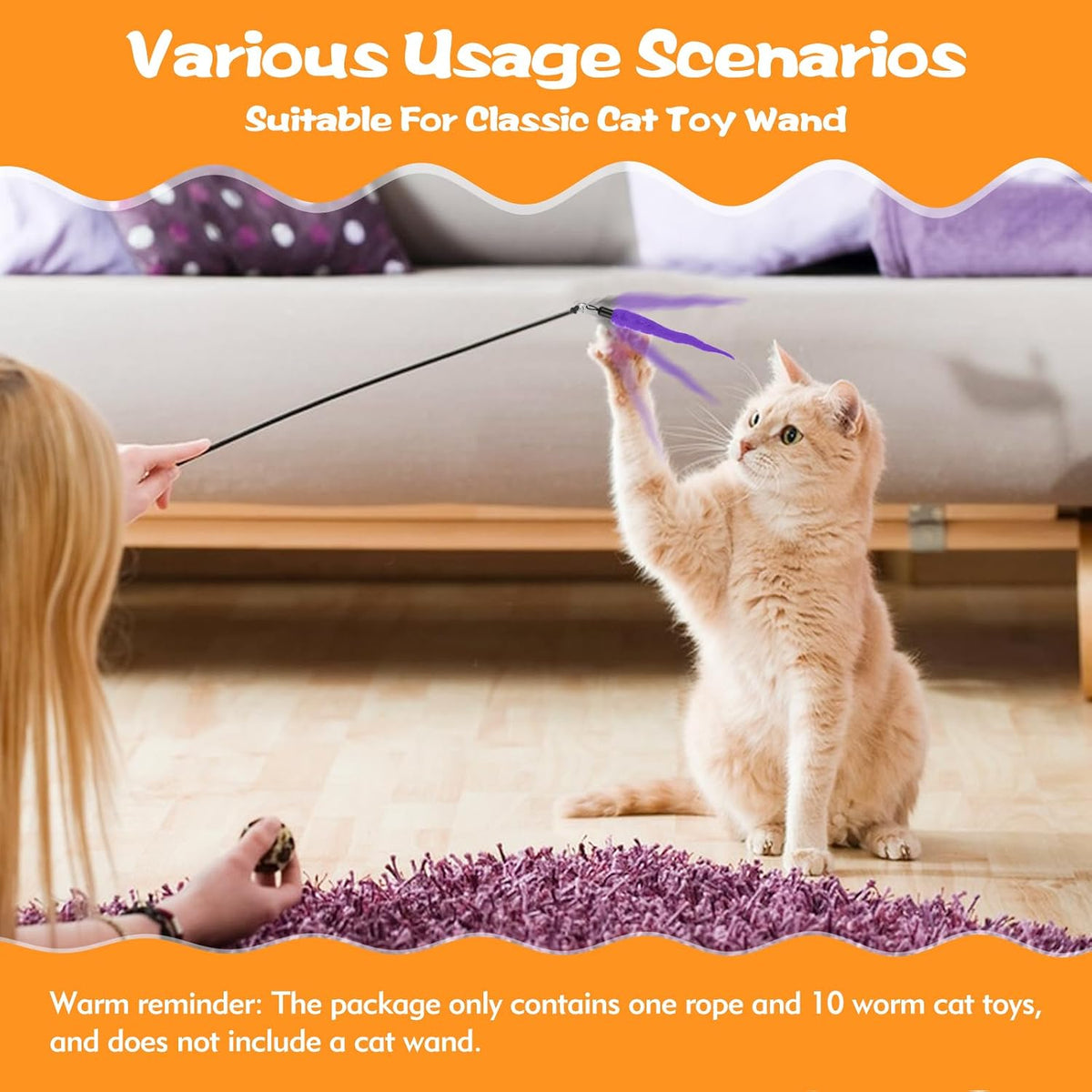 Kerros Fuzzy Worm Cat Wand Refills with Black String, 10 Pcs